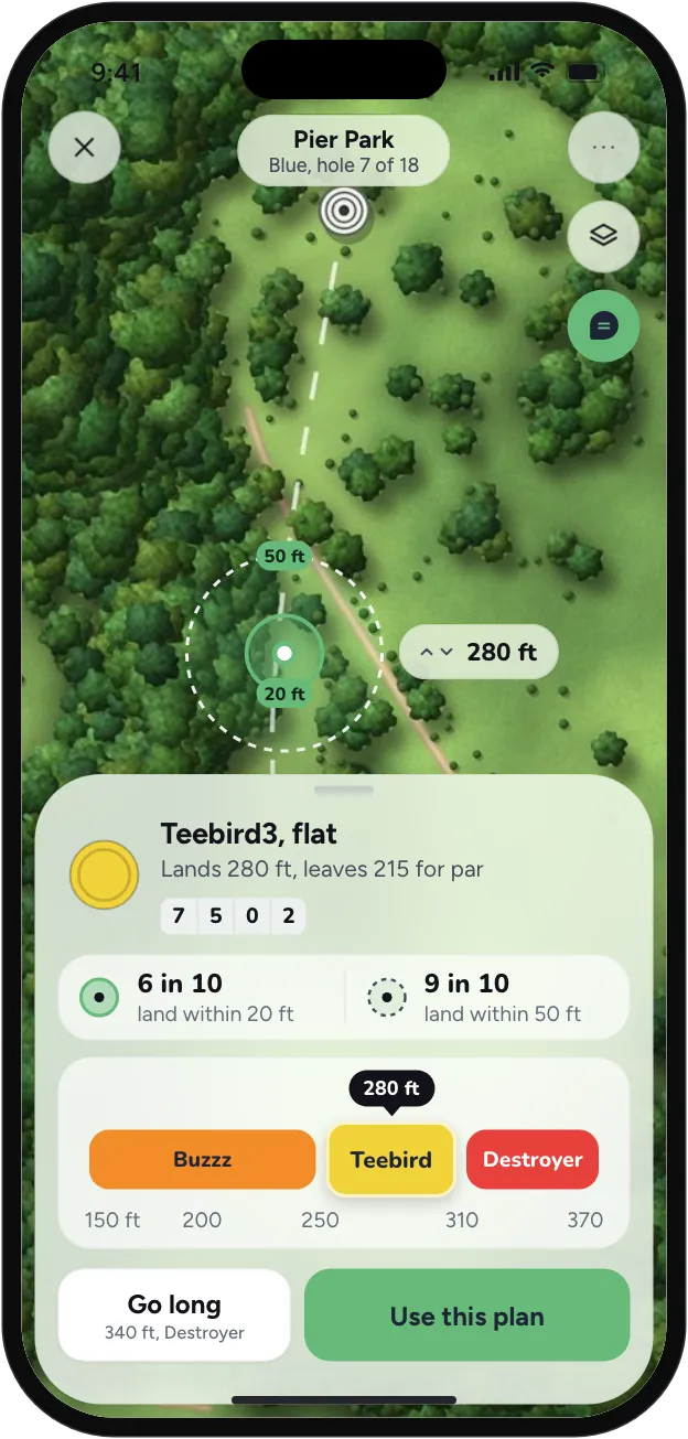 Caddie’s read: Teebird3, flat, landing 280 feet out, with the landing zone drawn on the map.