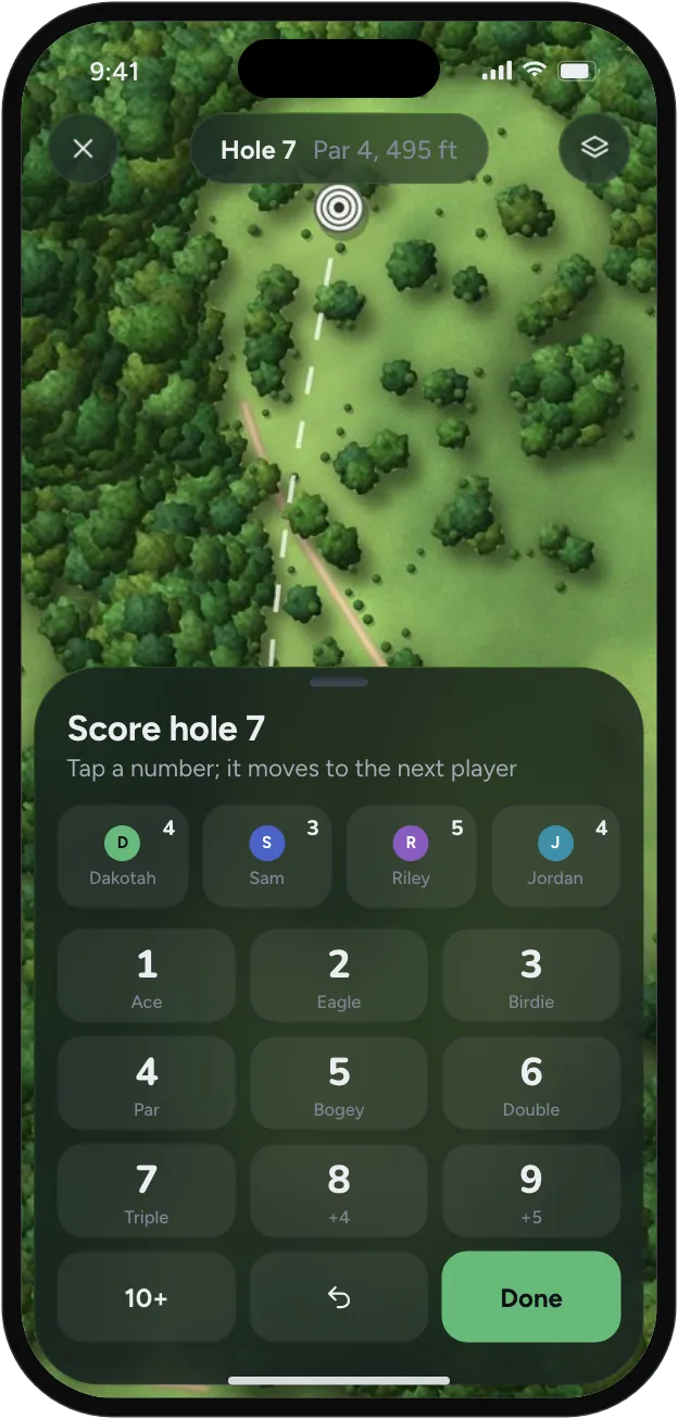 The Score hole 7 number pad: Sam 3, Riley 5, Jordan 4, then Done.