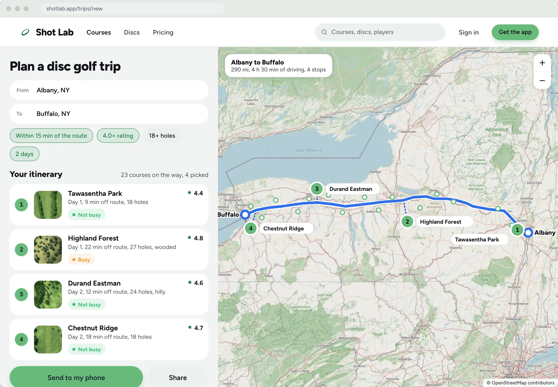The trip planner: Albany to Buffalo, four disc golf courses along the route, on an OpenStreetMap map.