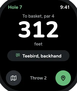Shot Lab on Apple Watch: hole 7, 312 feet to the basket, Caddie’s pick the Teebird, backhand.