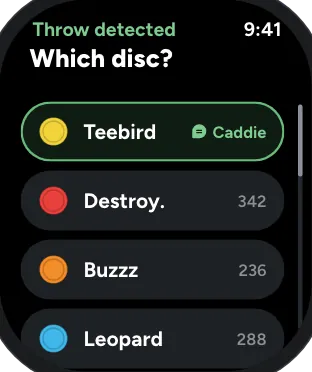 Throw detected: which disc? The Teebird is Caddie’s pick, then Destroyer, Buzzz and Leopard.