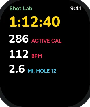 The workout on Apple Watch: 1:12:40, 286 active calories, 112 bpm, 2.6 miles at hole 12.